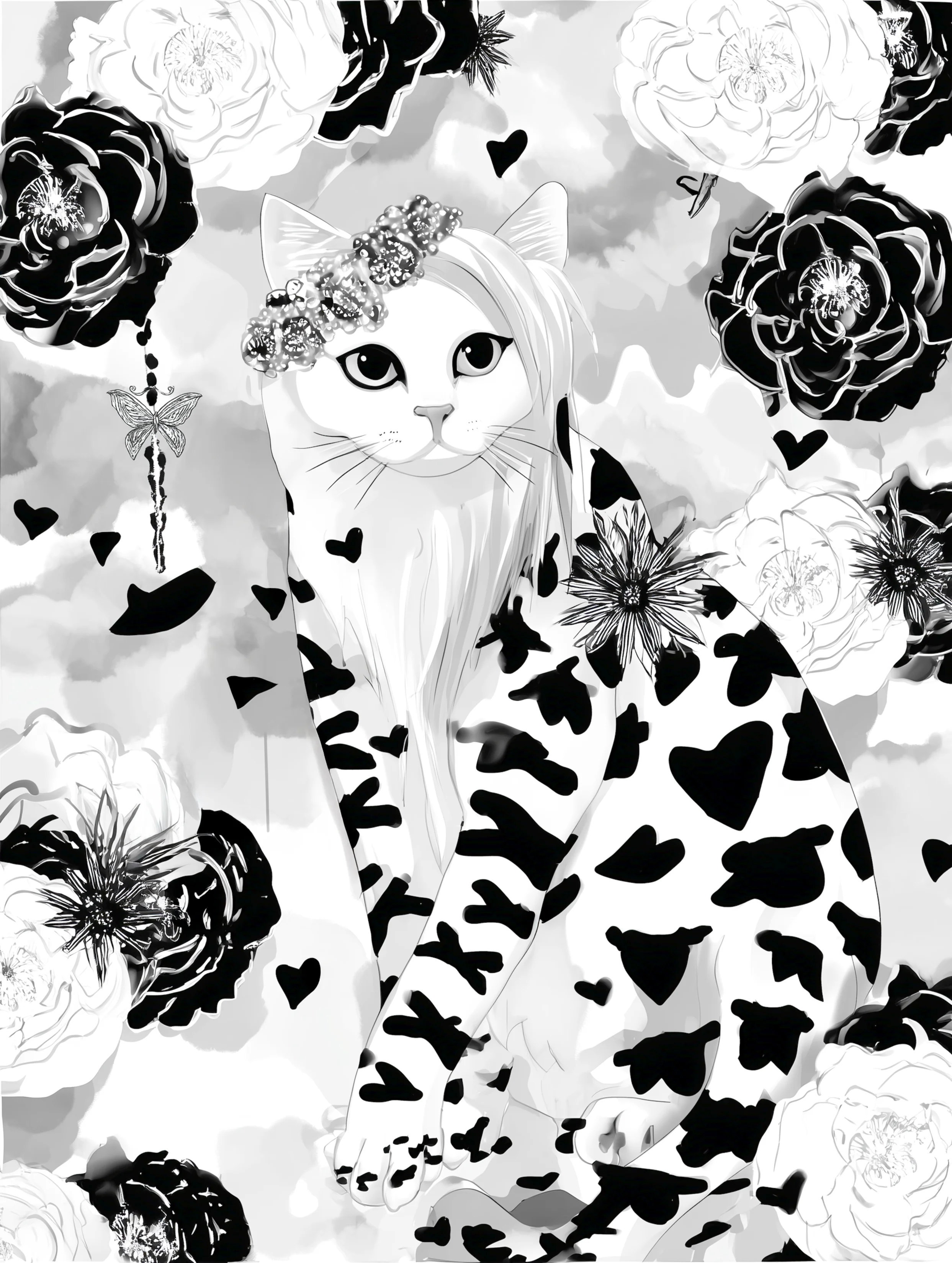 Free printable kitten coloring page featuring standing cat with roses